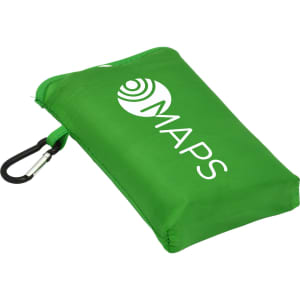 A compact green picnic mat featuring a logo and a carabiner attached for easy carrying.
