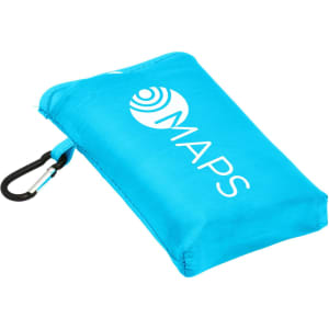 A compact picnic mat in bright blue, featuring a logo and a carabiner attachment for easy carrying.