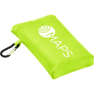 A compact picnic mat in vibrant green with a logo and a carabiner for easy attachment.