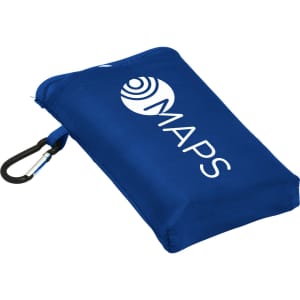 A compact blue picnic mat with a carabiner and a logo on one side, folded and ready for transport.