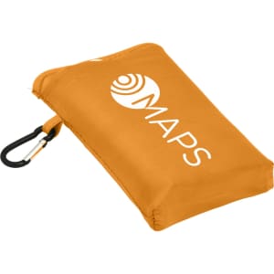 An orange compact picnic mat with a carabiner attached, featuring a white logo.