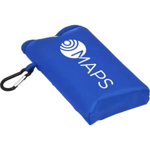 A compact blue picnic mat with a carabiner for easy attachment, featuring a logo.