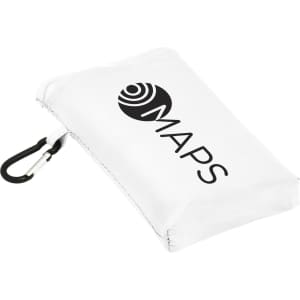 A compact white picnic mat with a logo and a carabiner for easy attachment.
