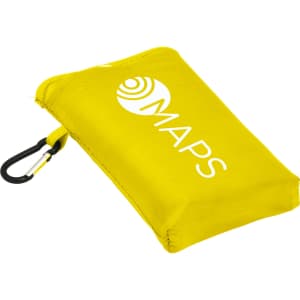 A yellow compact picnic mat with a carabiner for easy attachment, featuring a logo.