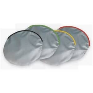 A set of circular sunshades in silver, with outer edges in black, green, yellow, and red.