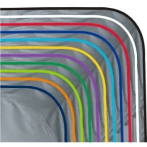 A sunshade featuring a grey surface with colourful, curved edges in blue, orange, purple, green, and white.