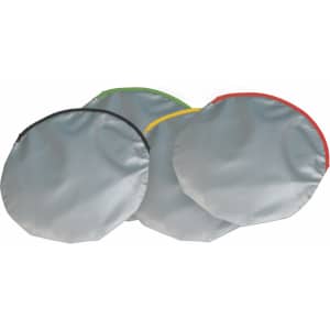 Three round sunshades in grey, with accents of black, green, yellow, and red, featuring a logo.