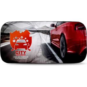 A full colour sunshade featuring a red car on a scenic road with a logo. Dominant colours are red and grey.