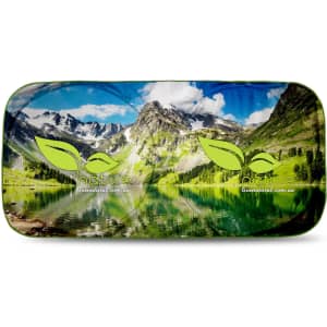 A full-colour sunshade featuring a scenic mountain and lake landscape with green leaf branding.