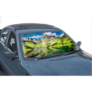 A car sunshade featuring a full-colour natural landscape design with green leaf branding.