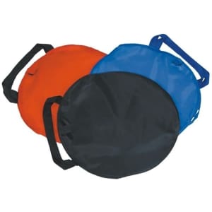 A set of three round sunshades in orange, blue, and black, each featuring a handle for easy carrying.