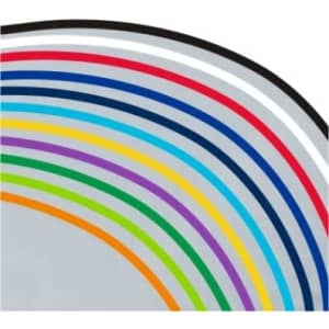A range of coloured stripes in red, blue, green, yellow, black, white, and orange on a grey background.