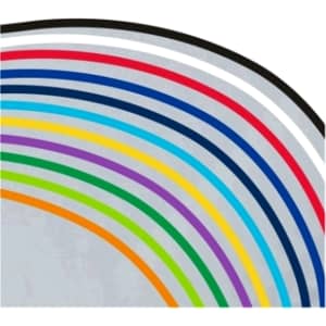 A selection of sunshades in various colours, including black, red, blue, green, and purple, arranged in an arc.