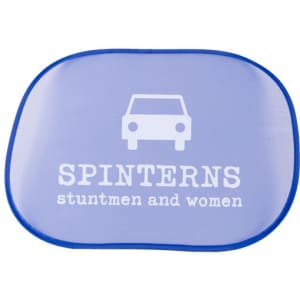 A light blue sunshade with a car graphic and white text, featuring a branded logo.