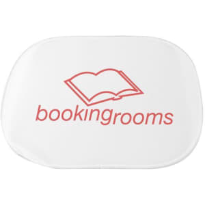 A white sunshade with a logo featuring an open book and the text "bookingrooms".