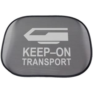 A grey sunshade featuring a logo and text, designed for leisure and outdoor use.