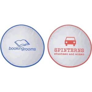A round sunshade featuring a blue logo of an open book on one side and red text with a car graphic on the other.