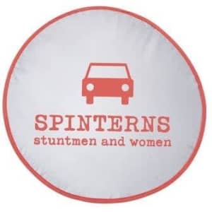 A round sunshade featuring a white background with a red border, displaying an illustration of a car and text.