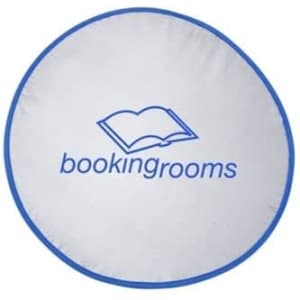 A circular sunshade in white with blue trim, featuring a logo. Suitable for leisure and outdoor use.