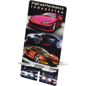 A phone stand featuring a colourful design with various sports cars and a logo displayed on a white background.