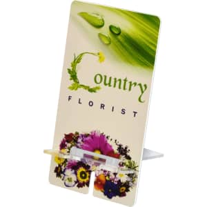 A phone stand featuring a floral design with green and colourful flowers, including a logo.