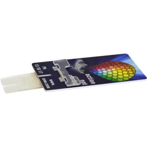A multicoloured phone stand shaped like a credit card, featuring a logo and a sleek design.