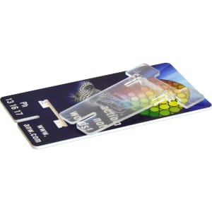 A transparent phone stand on a colourful backing card, featuring a logo.