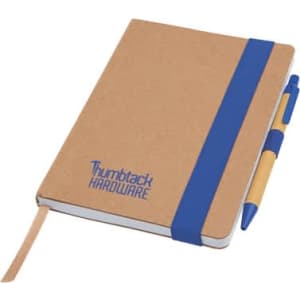 A notepad with a brown cover and a blue elastic band, accompanied by a yellow pen. It features a logo on the front.