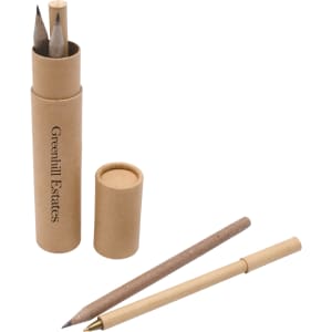 An eco-friendly writing set featuring two pencils and a pen, all housed in a cylindrical cardboard container.