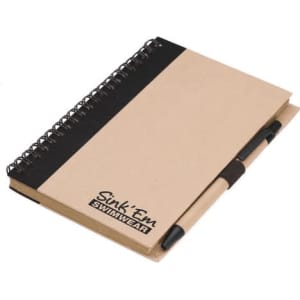 A brown notepad with a black cover and a matching pen, featuring a branding logo on the front.