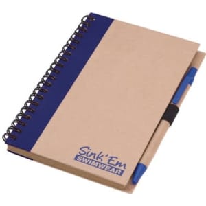 A notepad with a brown kraft cover, blue accents, a spiral binding, and a blue pen attached. It features a logo.