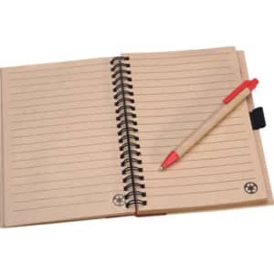 A spiral-bound notepad with lined pages and a red pen. The cover is a natural brown colour.