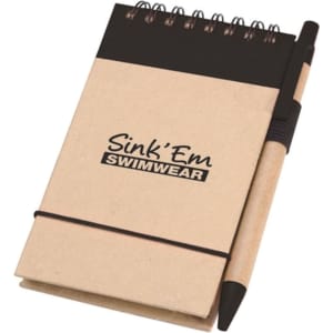 A compact notepad in brown with a black top and a matching pen, featuring a logo.