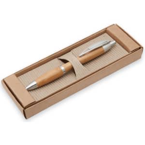 A bamboo pen with a silver clip presented in a kraft box. The packaging features a textured insert.