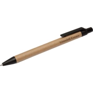 A brown eco-friendly pen with a black clip, featuring a logo on the barrel.