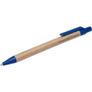 A pen featuring a brown barrel with a blue clip and tip, displaying a branding label.