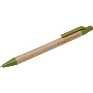 A biodegradable pen featuring a green trim and a natural kraft barrel, with a logo displayed on the side.