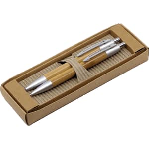 A bamboo pen and pencil set in silver and natural wood, presented in a cardboard box with a twine wrap.