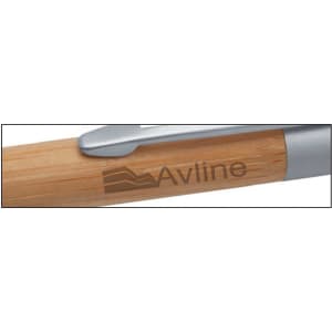 A wooden pen with a silver clip, featuring branding on the barrel.