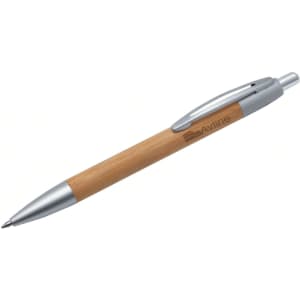 A bamboo pen with a silver clip and tip, featuring a branded logo.
