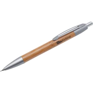 A bamboo pen with silver accents and a branding logo, designed for writing.