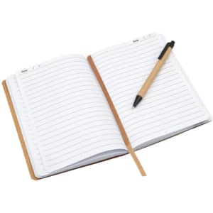 A notepad with lined pages and a tan cover, accompanied by a black pen. The notepad has a logo.