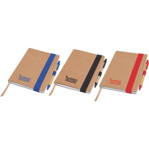 Three Enviro Notepads in brown with coloured elastic bands: blue, black, and red, each featuring a pen.