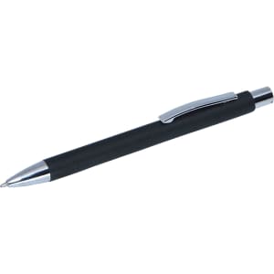 A black pen with a rubber grip and a silver clip, featuring a shiny metallic tip. It has a branding logo.