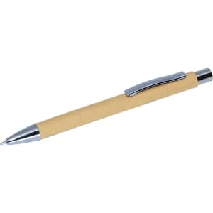 A sustainable pen with a brown cardboard body and a silver metal clip, featuring a smooth, rounded tip.
