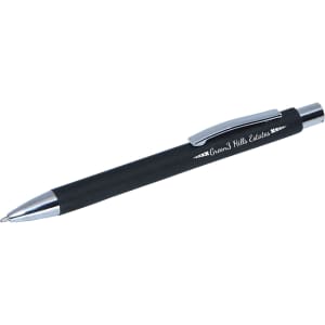 A black pen with a silver clip and tip, featuring a branding logo along the barrel.