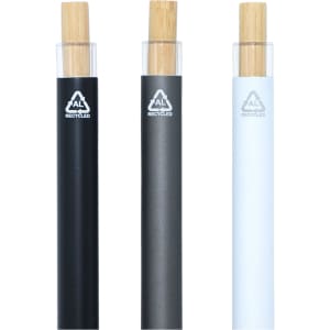 Three metal pens are displayed: black, grey, and white, each with a bamboo top and a logo.
