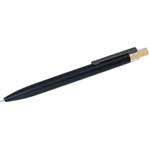 A metal pen with a black body and wooden accents, featuring a clip and silver details. It has a logo.