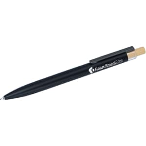 A black recycled pen with a bamboo clip, featuring a logo on its side.