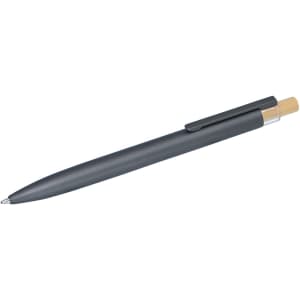 A black metal pen with a bamboo accent and a clip, featuring a simple and sleek design.